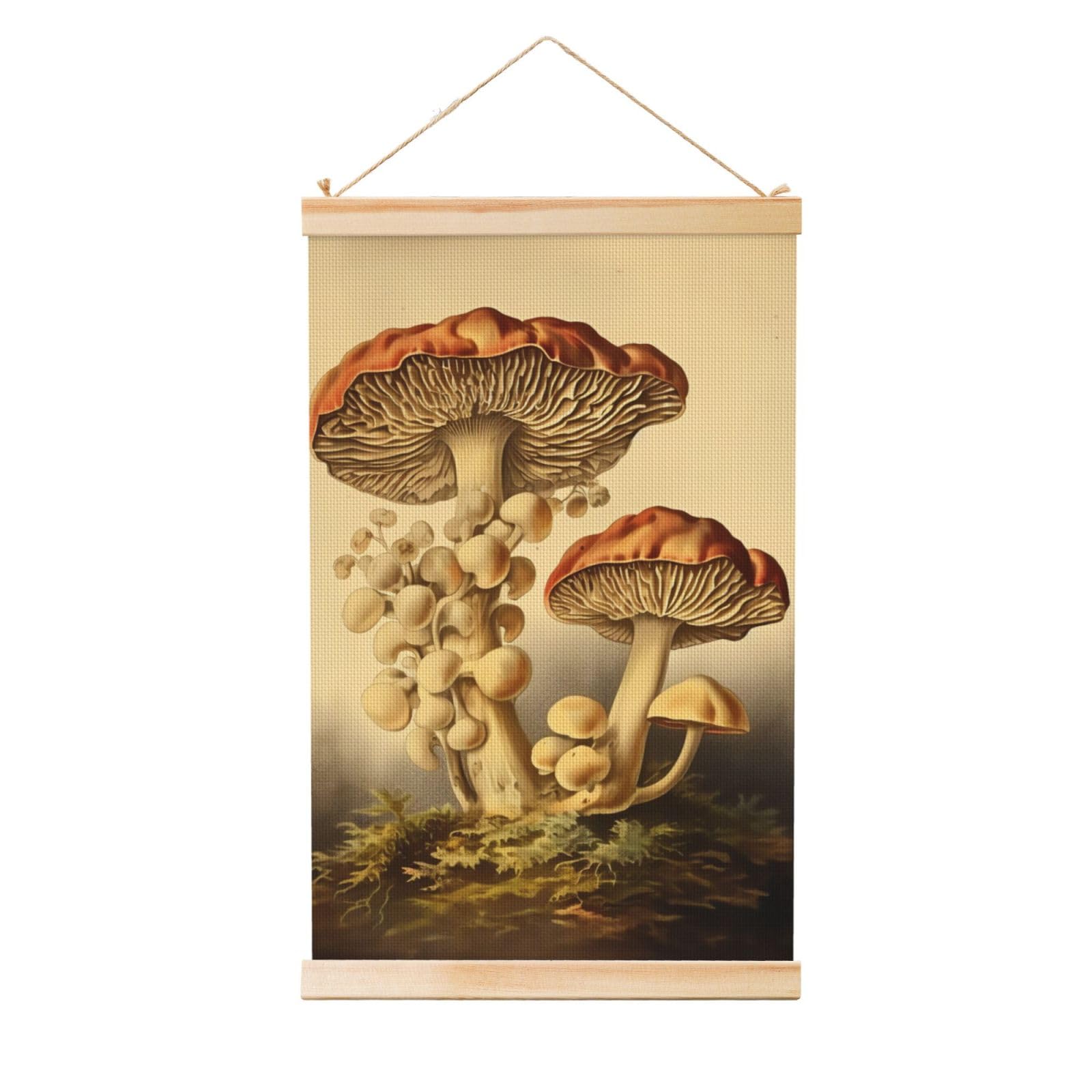 Vintage Mushrooms Posters Wooden Shaft Hanging Poster Canvas Prints Scroll Wall Art Painting Vintage Wall Banner Modern Artwork Decor for Home Decor Ready to Hang 20"x30"