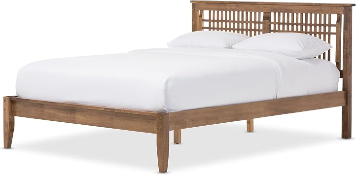 Baxton Studio Lise Mid Century Modern Solid Walnut Wood Window Pane Style Platform Bed, Queen, Brown
