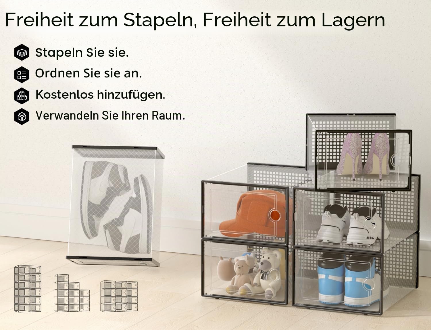 Kuject Große Schuhboxen für Schrank, passend für Größe 46, transparente Kunststoff-Stapelbare Sneaker-Behälter mit Deckel, großartiger Ersatz für Schuhregal, schwarz, 12 Stück