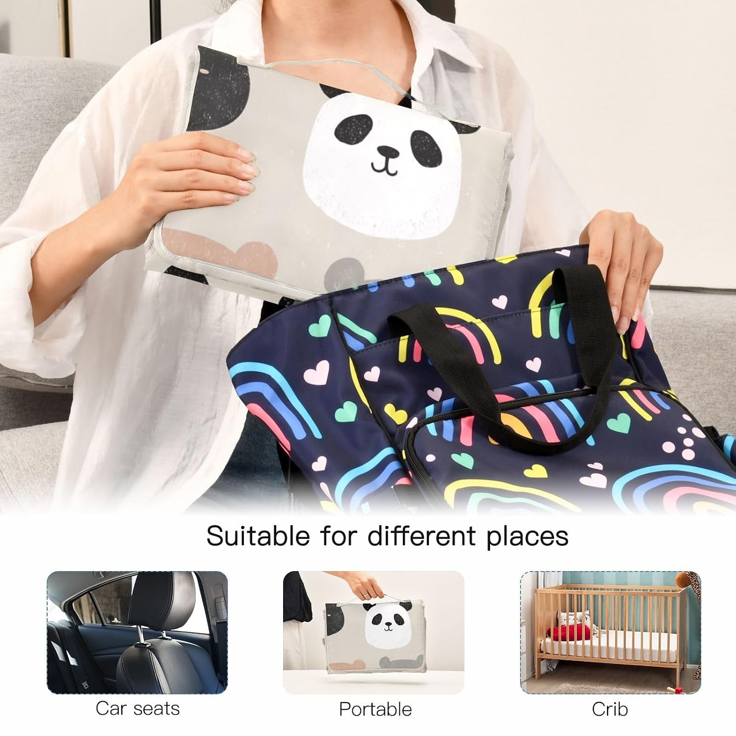Cartoon Cute Panda Beige Reusable Baby Changing pad with Tissue Pocket Baby Portable Changing pad with Built-in Pillow cambiadores de pa?ales para Bebes