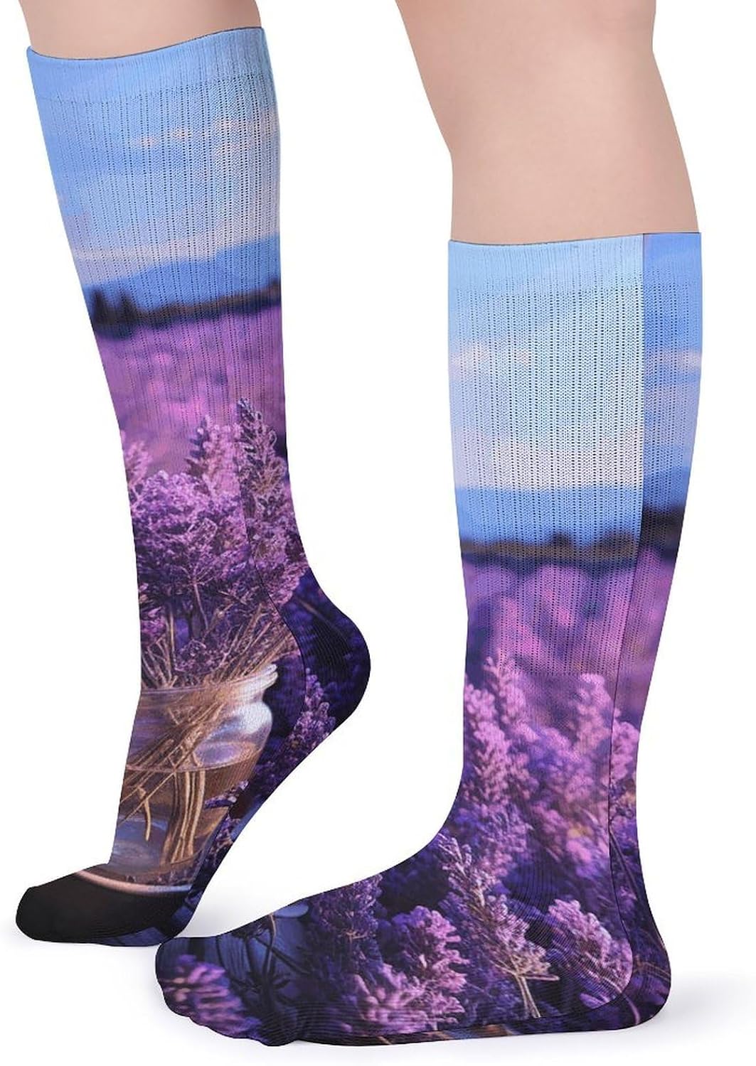 Romantic Lavender Socks 5-Pairs Breathable Crew Socks Casual Comfort Aesthetic Sock Lightweight Calf Sock