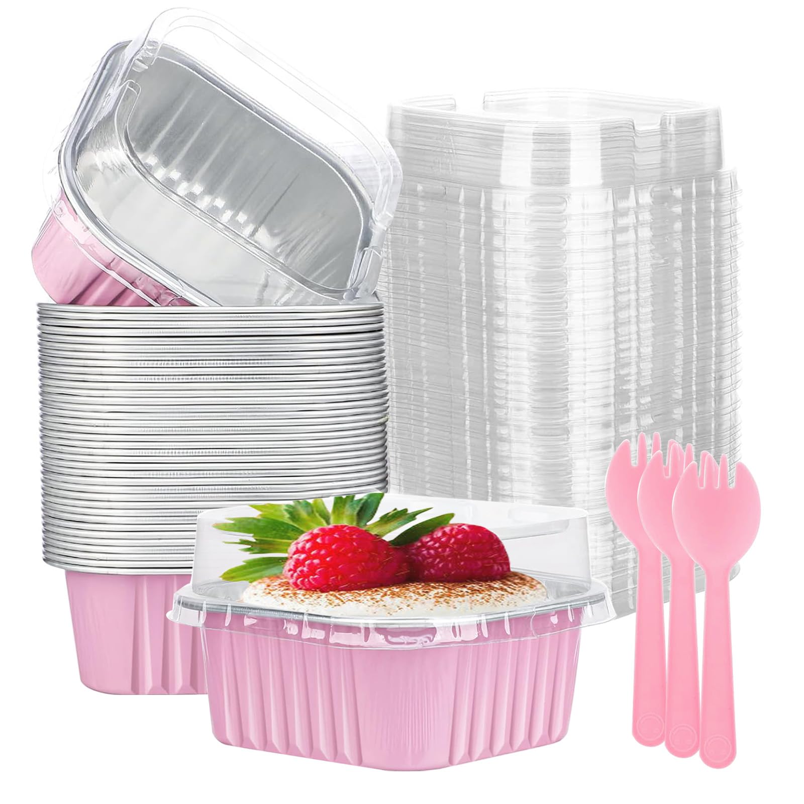 10oz Mini Cake Pans with Lids and Spoons,50 Pack Aluminum Foil Square Brownie Baking Cups,Disposable Cake Tins with Lids 4x4inch Large Cupcake Pan,Jumbo Muffin Tin Ramekins Holders