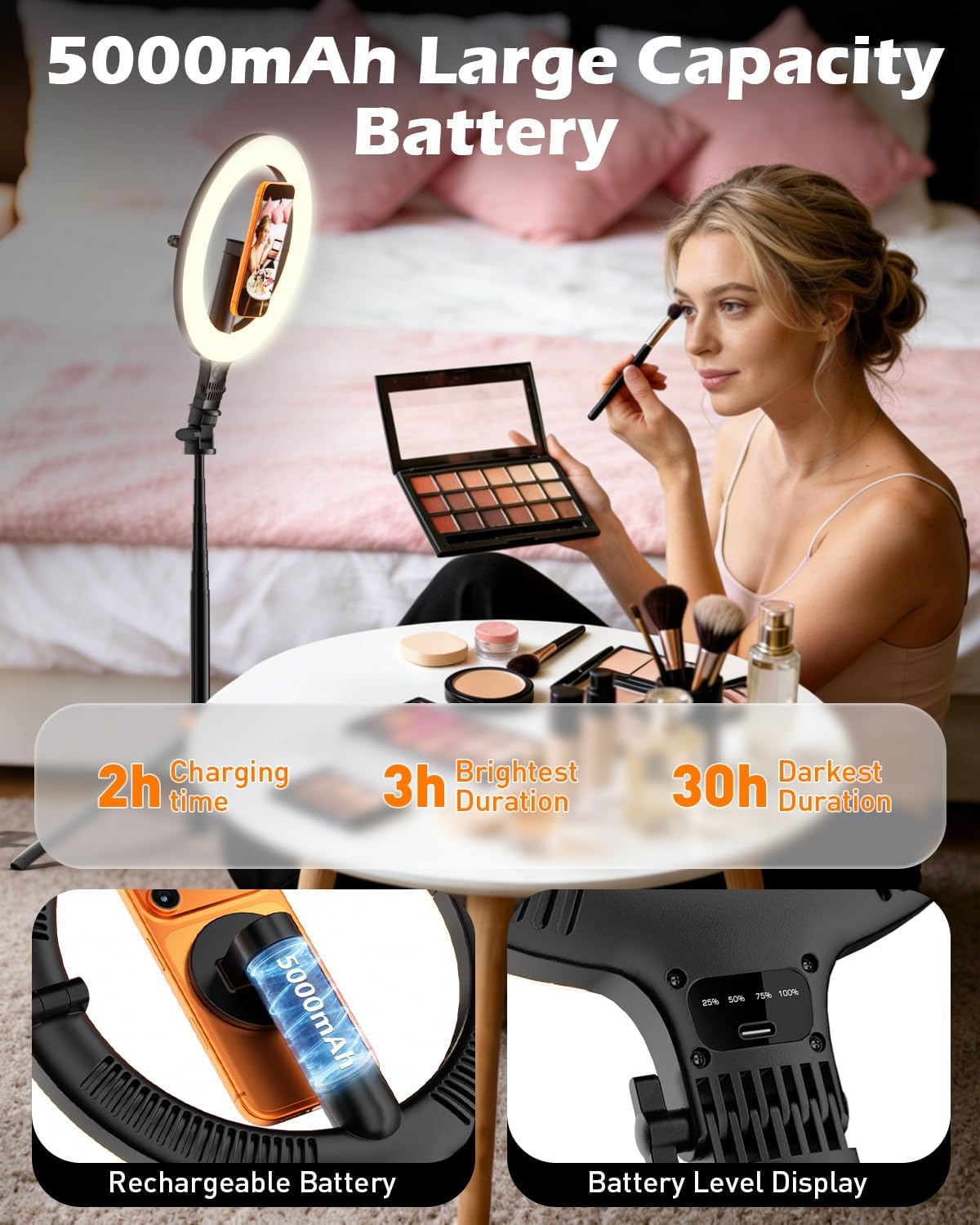 CloudValley Aro de Luz Magnético 10" con Trípode 76", Trípode para Teléfono con Luz Recargable 5000mAh, LED Plegable con 3 Modos & 10 Niveles de Brillo para Maquillaje, Selfies, TikTok
