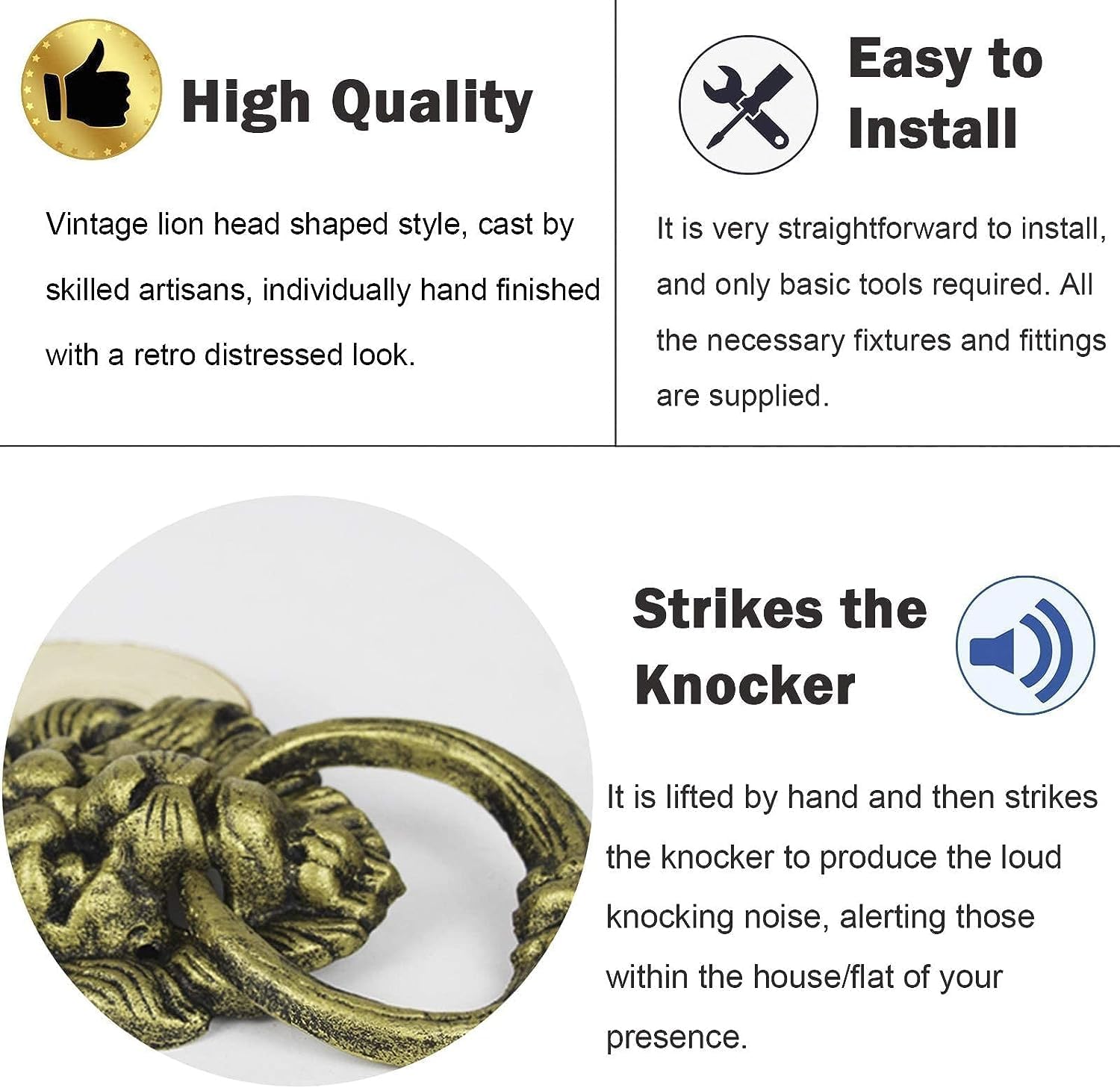 Door Knocker, Door Knocker Antique Lion Head Knocker Diameter 10cm, Vintage Main Door Handle with Thick Pull Ring, Cabinet Garage Door Old Thick Wood Gate Decor