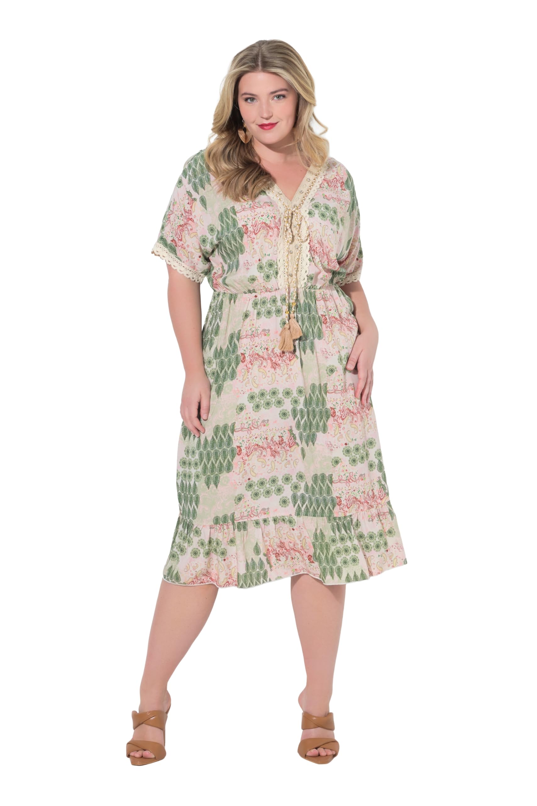 MIAMODA Damen große Größen Übergrößen Plus Size Midikleid, Alloverdruck, Spitzenbänder, Halbarm 850278