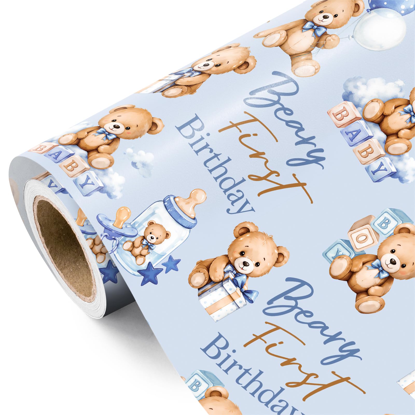 RUSPEPA First Birthday Wrapping Paper - 43.2cm x 5m - Brown Teddy Bear Design, Blue Wrapping Paper, Perfect for Kids Boys Girls Birthday, Newborn Gift Wrap