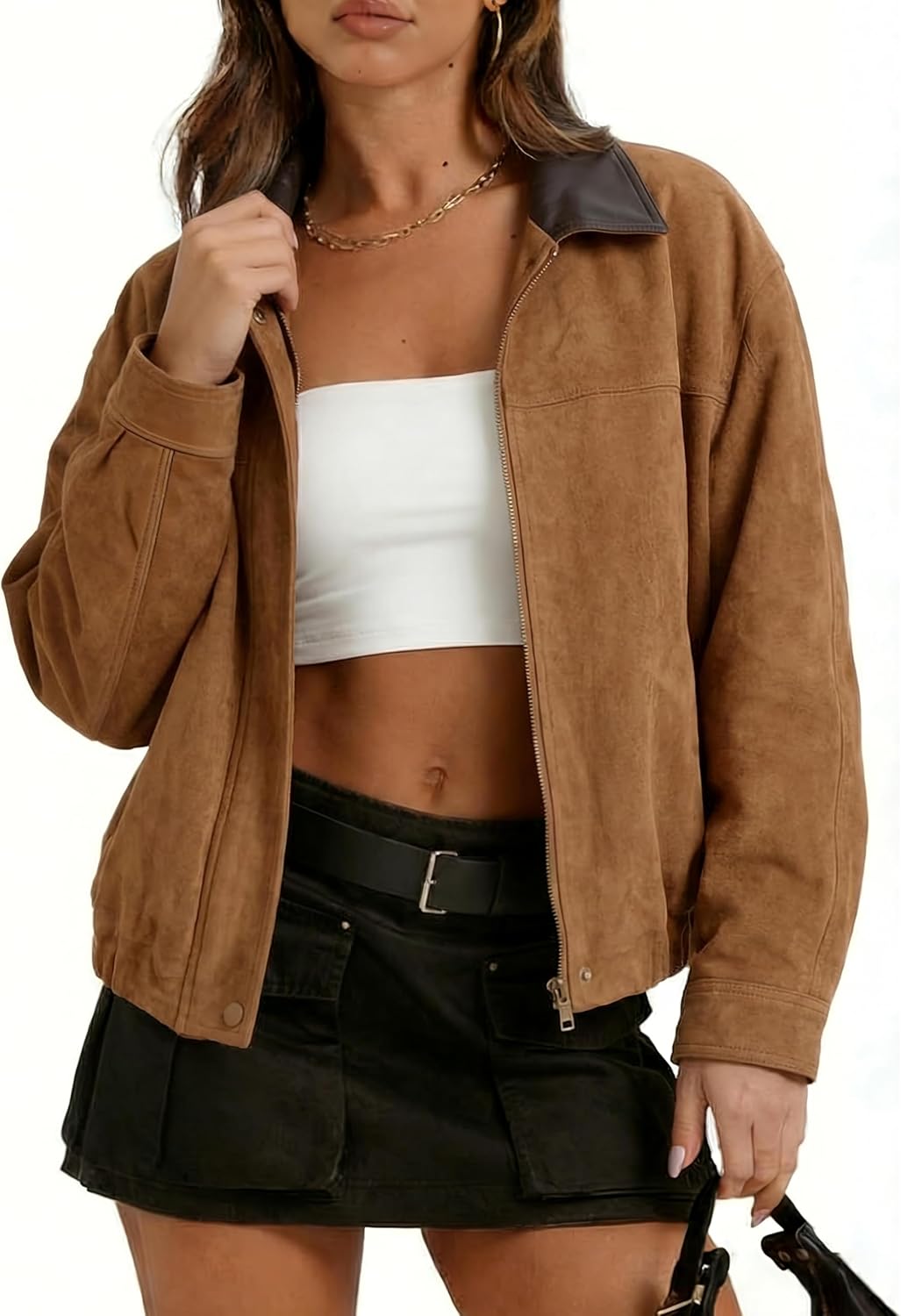 Tanming Womens Faux Suede Leather Jacket Oversized Motorcycle Zip Up Bomber Jacket Pilot Outerwear Coats