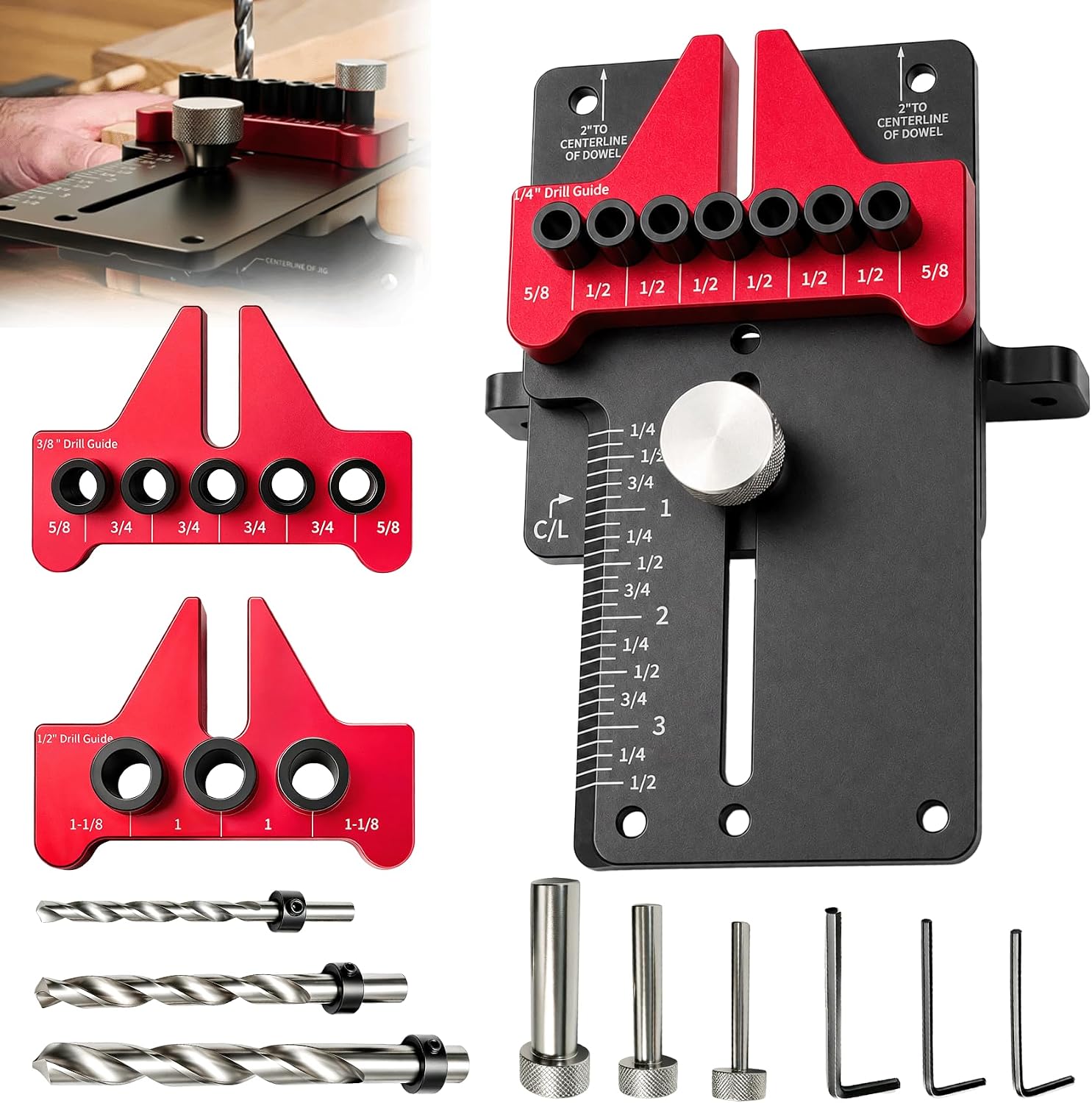 08350MK Dowelling Jig Master Kit, Dowelling Jig Precision Woodworking Tool | No Error Laser-Engraved Scales, with 1/4’’, 3/8’’, 1/2’’ Dowelling Kits and Hardened Drill Bushings