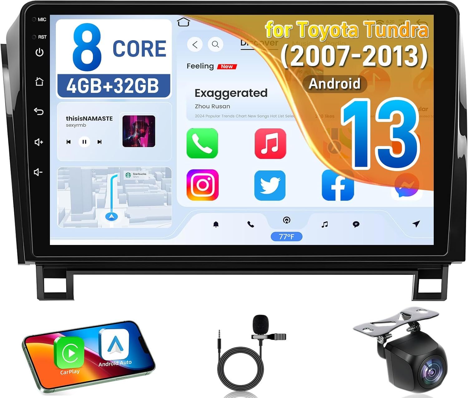 CGOGC Android Car Radio Upgrade Compatible With Wireless Carplay Android Auto For Toyota Tundra 2007-2013 Sequoia 2008-2018 8core Touch Screen FMAM Stereo Bluetooth GPS WIFI Navigation Camera HeadUnit