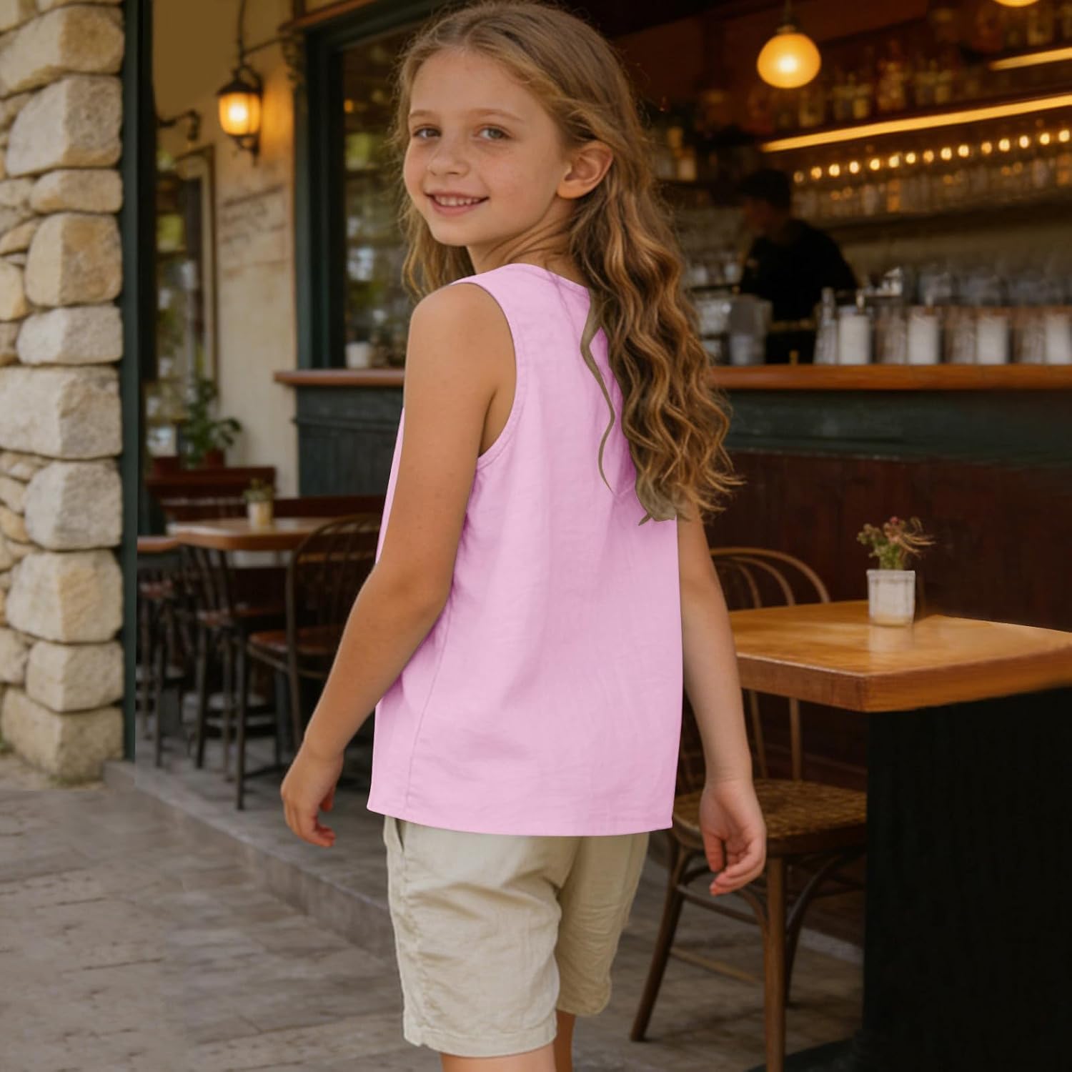 Girls' Linen Cotton Tank Tops Sleeveless Crew Neck Solid Casual Loose Fit Summer Shirts Breathable Basic Daily Wear