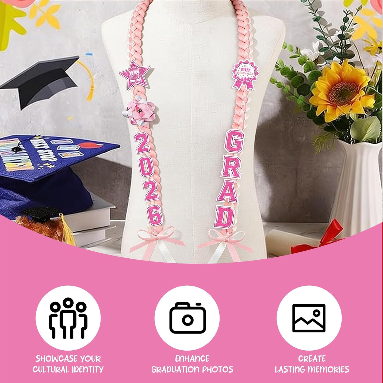 Graduation Lei Class of 2026, Double Braided Graduation Leis with Letter Paper Cards and Honor Rope Bracelet