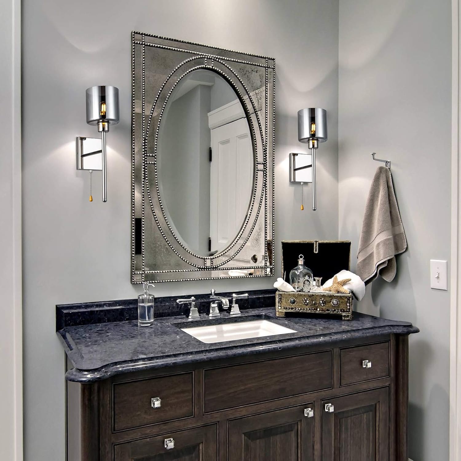 Buy 1 get 1 Modern Wall Sconce Lighting, Smoked-Grey Glass Shade Nickel Finished Wall Mounted Vanity Lamp with Pull Chain Cord Switch for Bedroom Living Room Black Friday π₯ Modern Wall Sconce Lighting, Smoked-Grey Glass Shade Nickel Finished Wall Mounted Vanity Lamp with Pull Chain Cord Switch for Bedroom Living Room