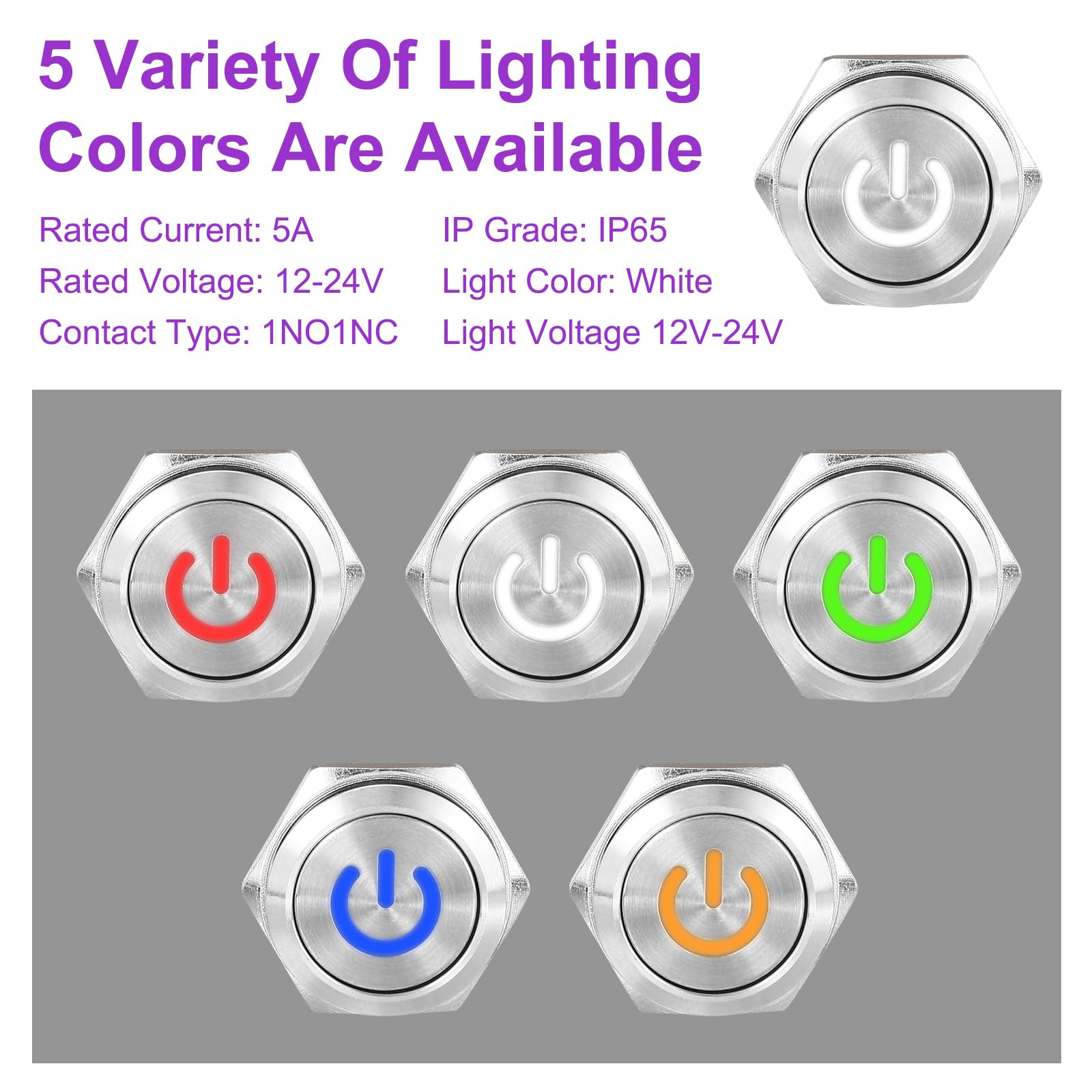 DMiotech 19mm / 3/4" Stainless Steel Latching Push Button Switch Flat Head 5A 12-24V Silver Shell with Welding Foot White LED 1NO1NC for Car Boat Systems Custom Setups - Image 3