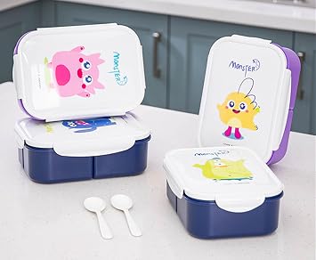 Bento Box Adult Lunch Box with 3 Compartment, Lunch Box Kids,Bento Box, Ideal Leak Proof Lunch Box Containers,No BPAs Bento Box for Kids,Microwave Safe Lunch Box (1.8L, Purple-Yellow Monster)