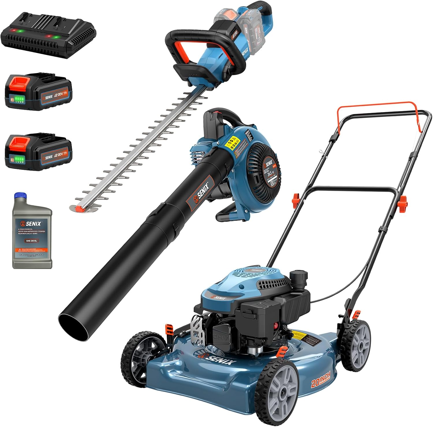 SENIX 26.5cc Gas Leaf Blower, 20 Inch 144cc Gas Lawn Mower and 40V Max 24-Inch Cordless Hedge Trimmer with 2 Batteries & Dual-Port Charger Kit