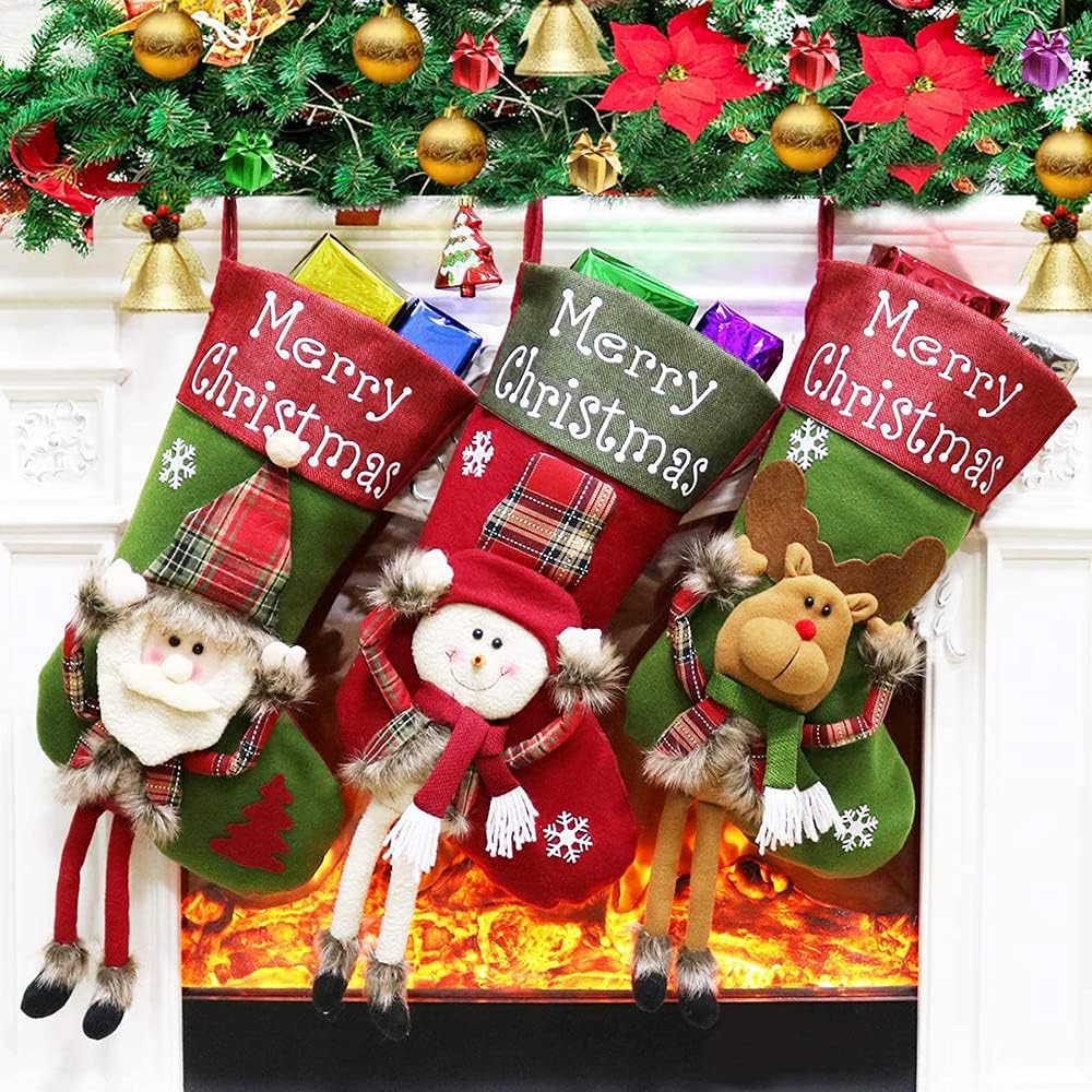 SAPU Christmas Stockings, Big Xmas Stockings Decoration - 18" Santa Snowman Reindeer Stocking for Home Decor Set of 3