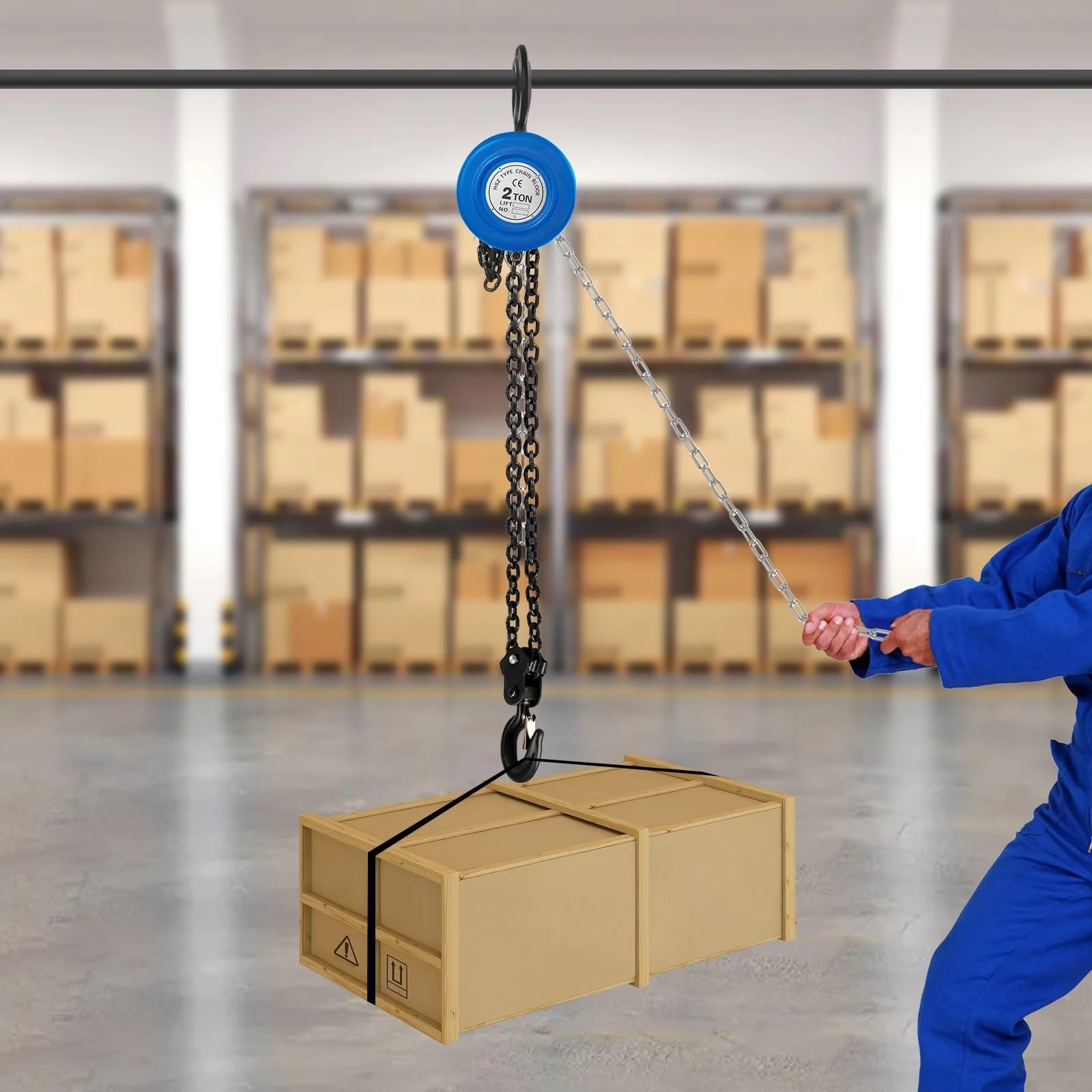 Seilwinde Elektrisch Handkettenzug 2T Manuell 3m 20Mn2 Q235 Stahl für Fabrikbauernhof Garage Lager Baustelle Heben(Blue)