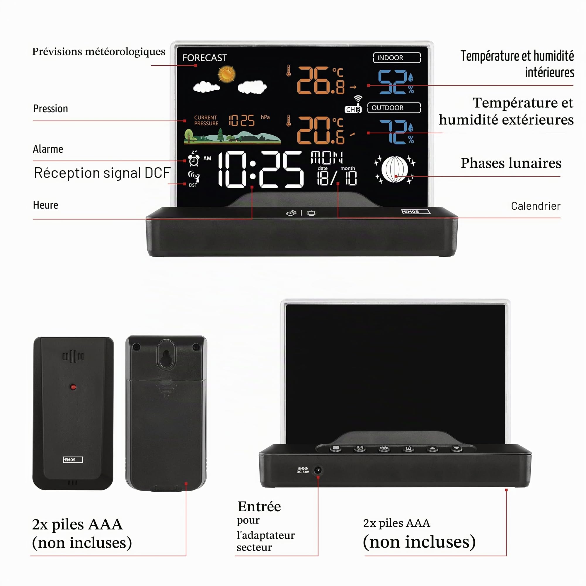 EMOS - Station météo radio sans cadre avec capteur extérieur - thermomètre, hygromètre, baromètre, prévisions météorologiques, mémoire - Horloge radio-pilotée avec réveil, calendrier - Double
