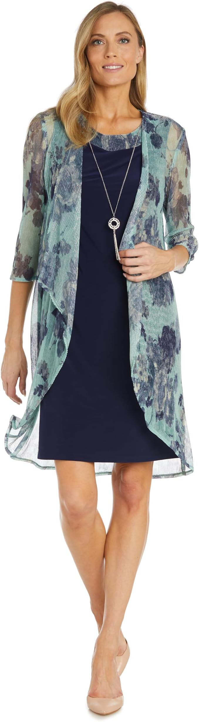 Printed Crinkle Jacket Dress Set W/Solid Sheath Dress & Detachable Necklace