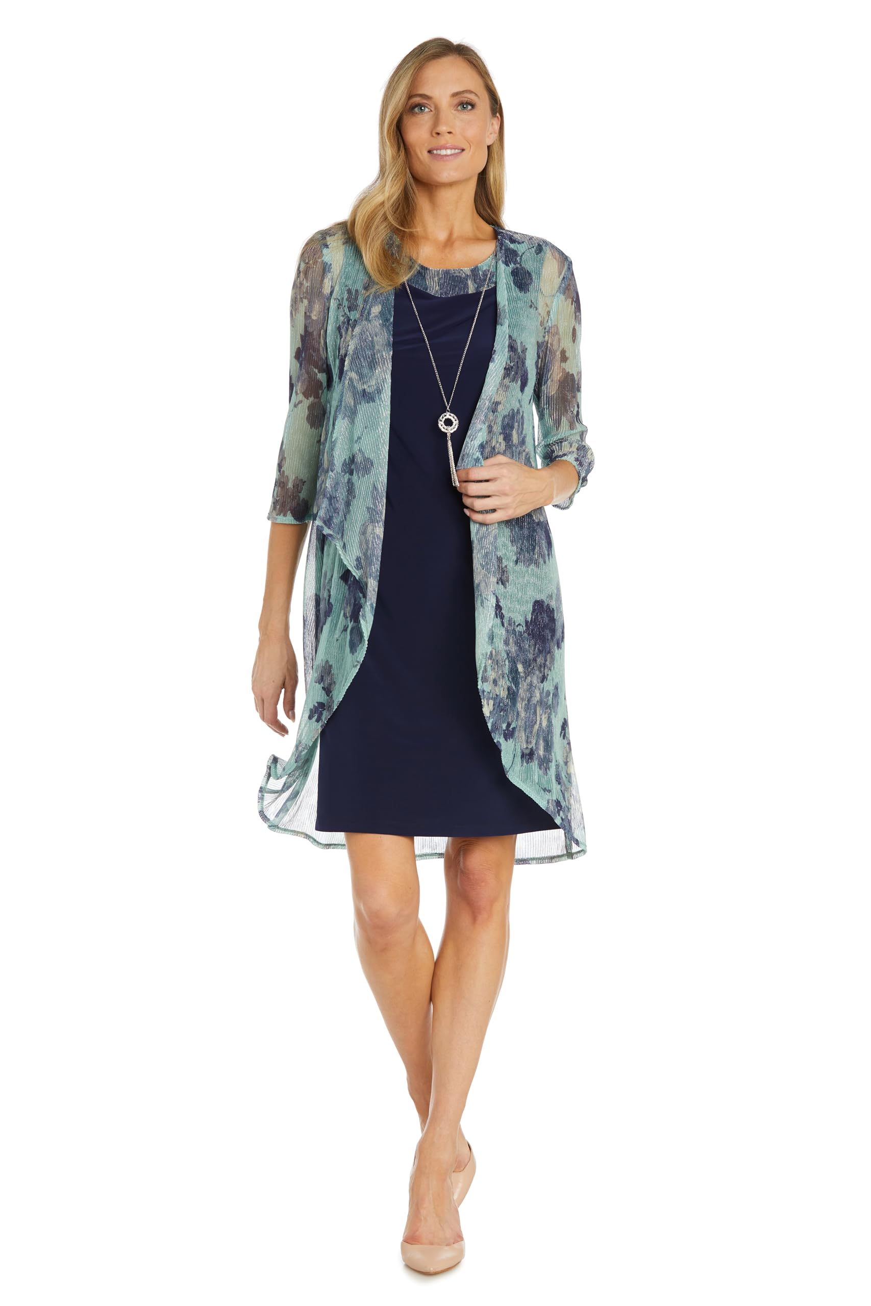 Printed Crinkle Jacket Dress Set W/Solid Sheath Dress & Detachable Necklace