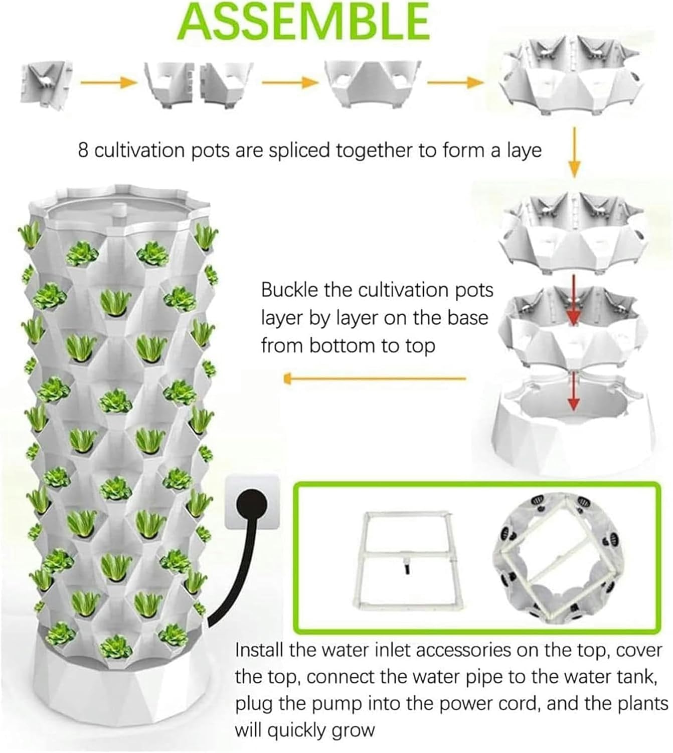 Hydroponics Tower Garden Hydroponic Growing System Aeroponics Growing Kit for Herbs, Fruits and Vegetables with Hydrating Pump, Adapter, Net Pots, Timer for Herbs, Fruits and Vegetables,8Layers-1PC