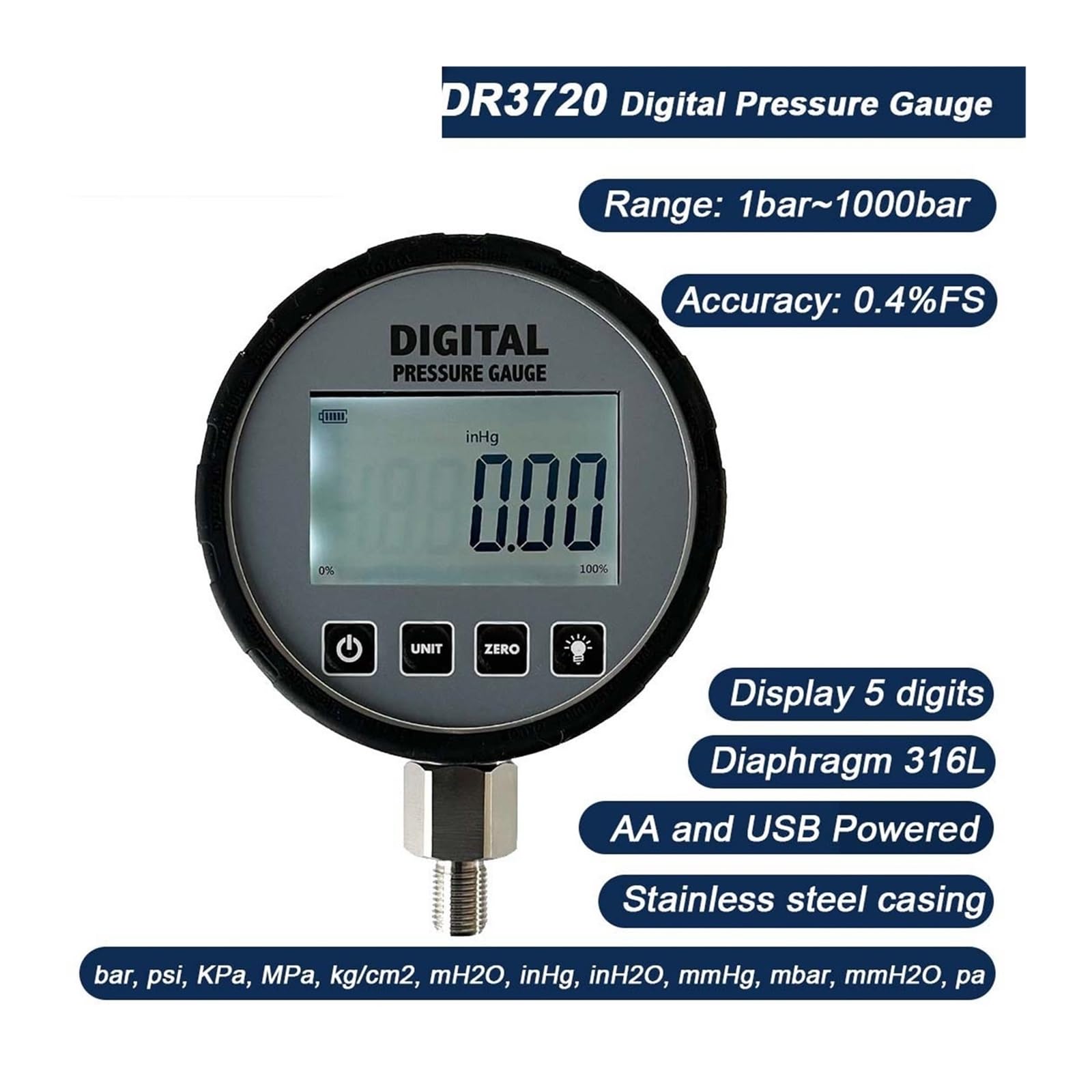 Digitales Manometer, DR3720, Durchmesser 105 mm, Edelstahl-Manometer, Öl-Wasser-Messung(0-25Mpa)