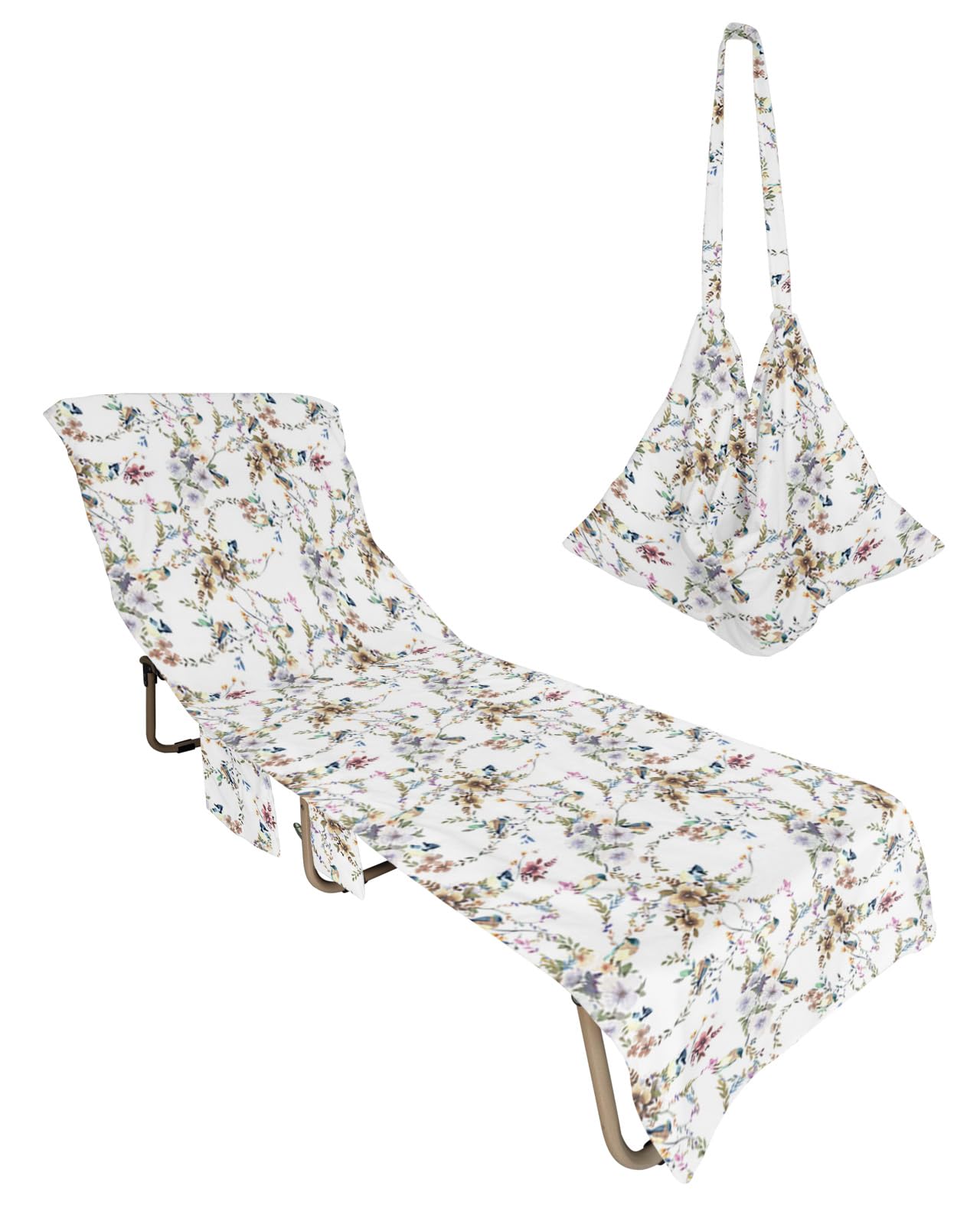 Spring Floral Beach Lounge Chair Towel Cover, Soft Chaise Lounge Towel with Side Pockets Patio Pool Chairs Cover for Beach/Pool Sunbathing 29x85 Yellow Purple Summer Botanical Birds