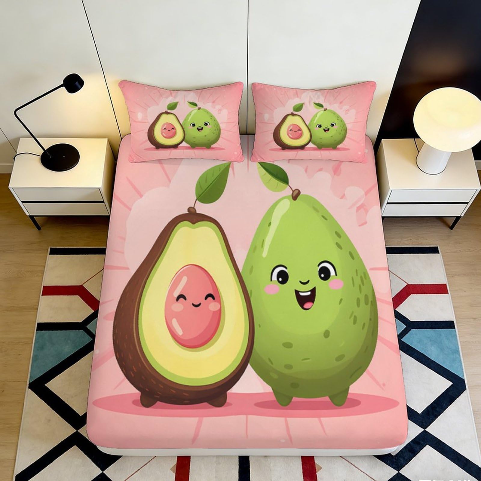 3D Printed Avocado Cartoon Fitted Sheet Microfiber Soft Breathable Fruit Bed Cover for Bedroom Guest Room Decor 90x200x25cm
