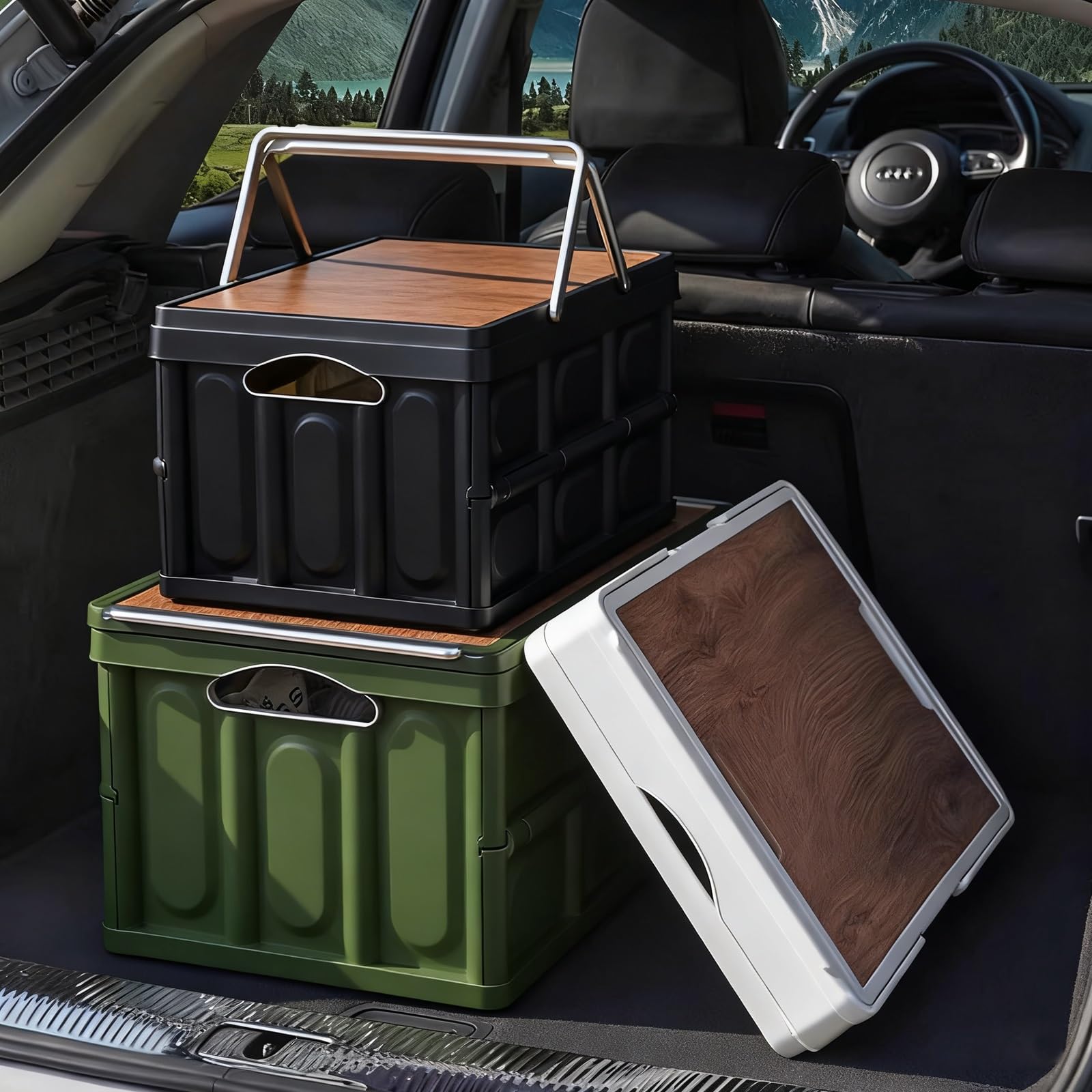 Pudełko do Przechowywania na Zewnątrz Wodoodporne Zwijane Organizer Pikniki Bagażnik 8 Galonów Przenośny(Green,Large)