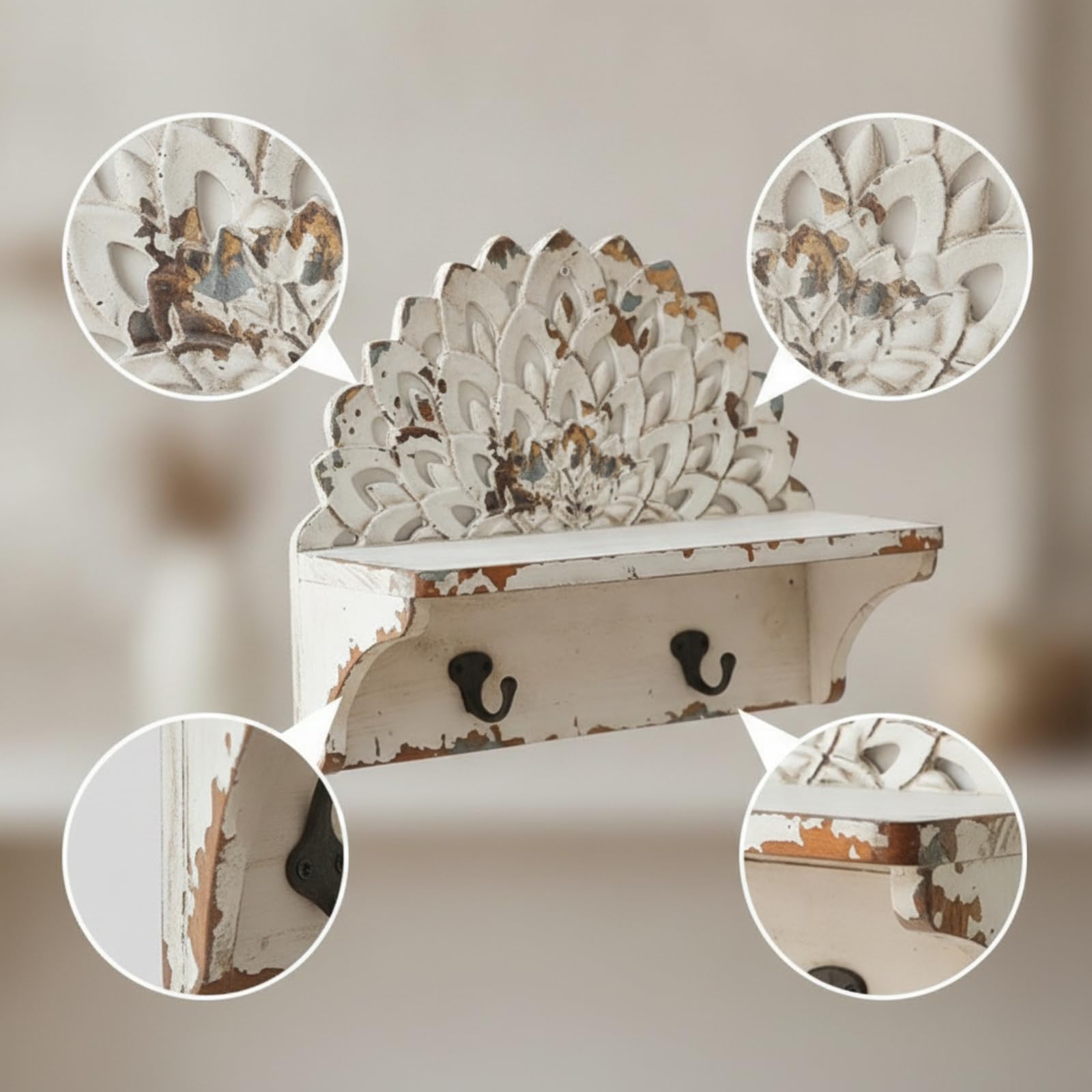 KESOTO Mensola da Parete in Legno con Ripiano Scaffale Portaoggetti Pannello Traforato Floreale E Finitura Antica Adatta per Ingresso Corridoio Lavanderia 40cmx29.5cmx12.5cm