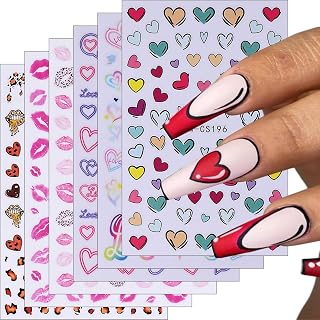 6 Sheets Valentines Nail Art Stickers Decals 3D Self-Adhesive Colorful Love Heart Nail Stickers Pink Lips Nail Decals Romantic Stickers for Women DIY Nail Art Decorations