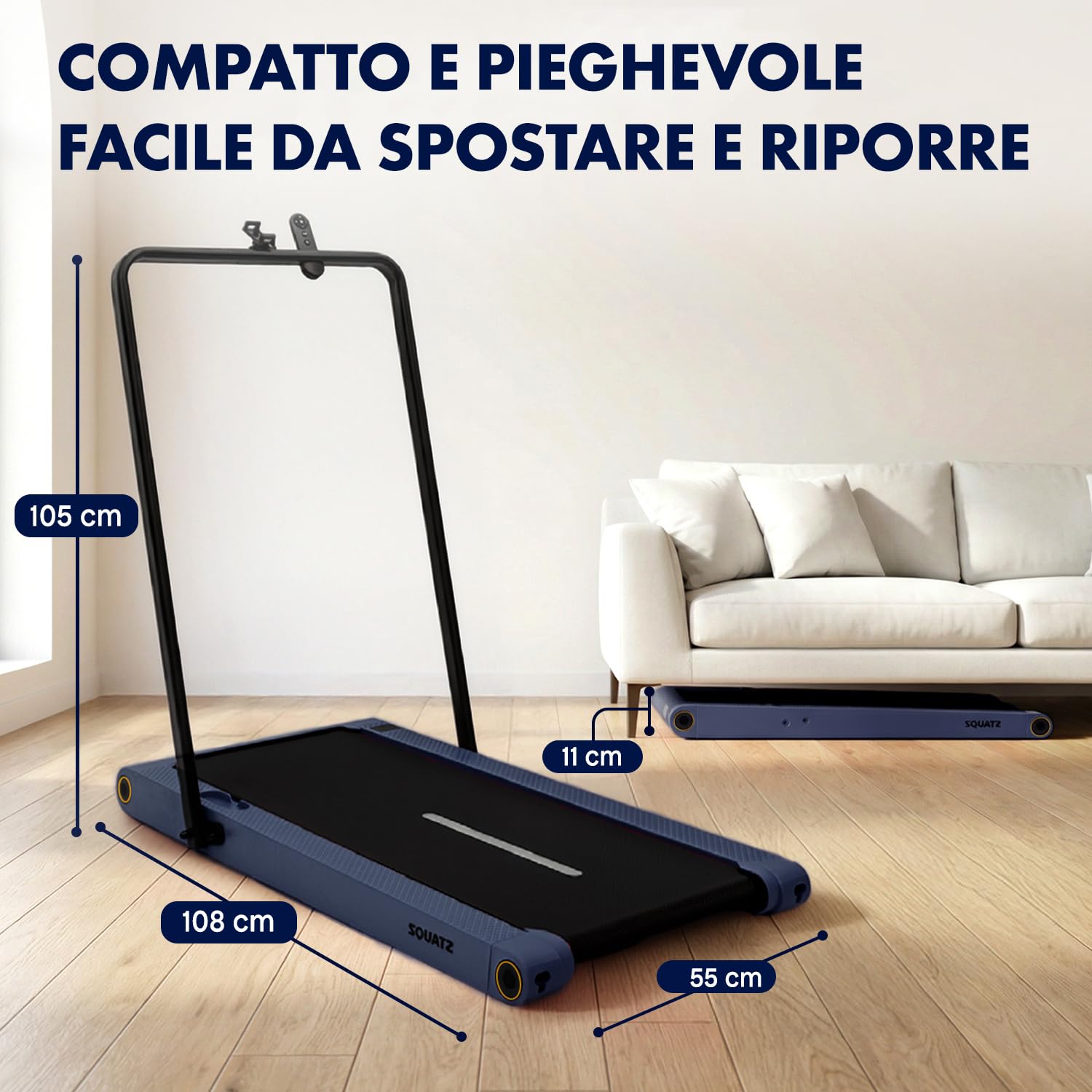 Squatz Tapis Roulant Pieghevole 2-in-1 con Pedana Vibrante, Walking Pad Salvaspazio, Display LED, Supporto Tablet, Telecomando, Motore Silenzioso 750W per Casa e Ufficio