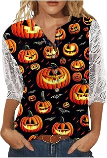 Halloween Costumes for Women Women's Lace 3/4 Sleeve Shirt Halloween Floral Print Comfy Shirts Casual Fashion Tee Shirts Women Fall Winter Crewneck Botton T Shirts Fashion Graphic Pullover Blouse