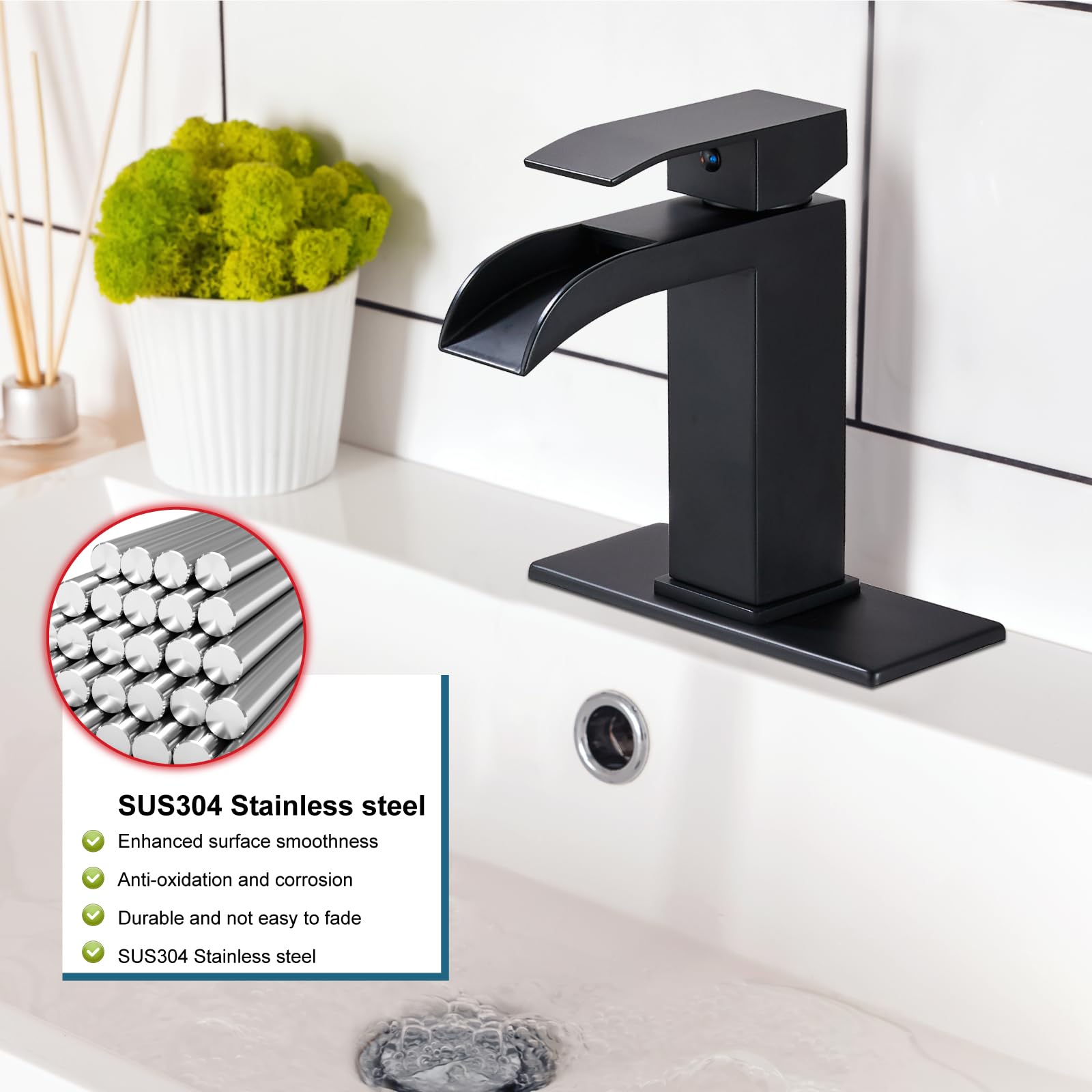 Grifos de baño monomando ranurados de cascada en negro mate con desagüe emergente y sistema de ducha de lluvia de montaje en pared de 10 pulgadas en negro mate. Juego de grifería de ducha de lluvia