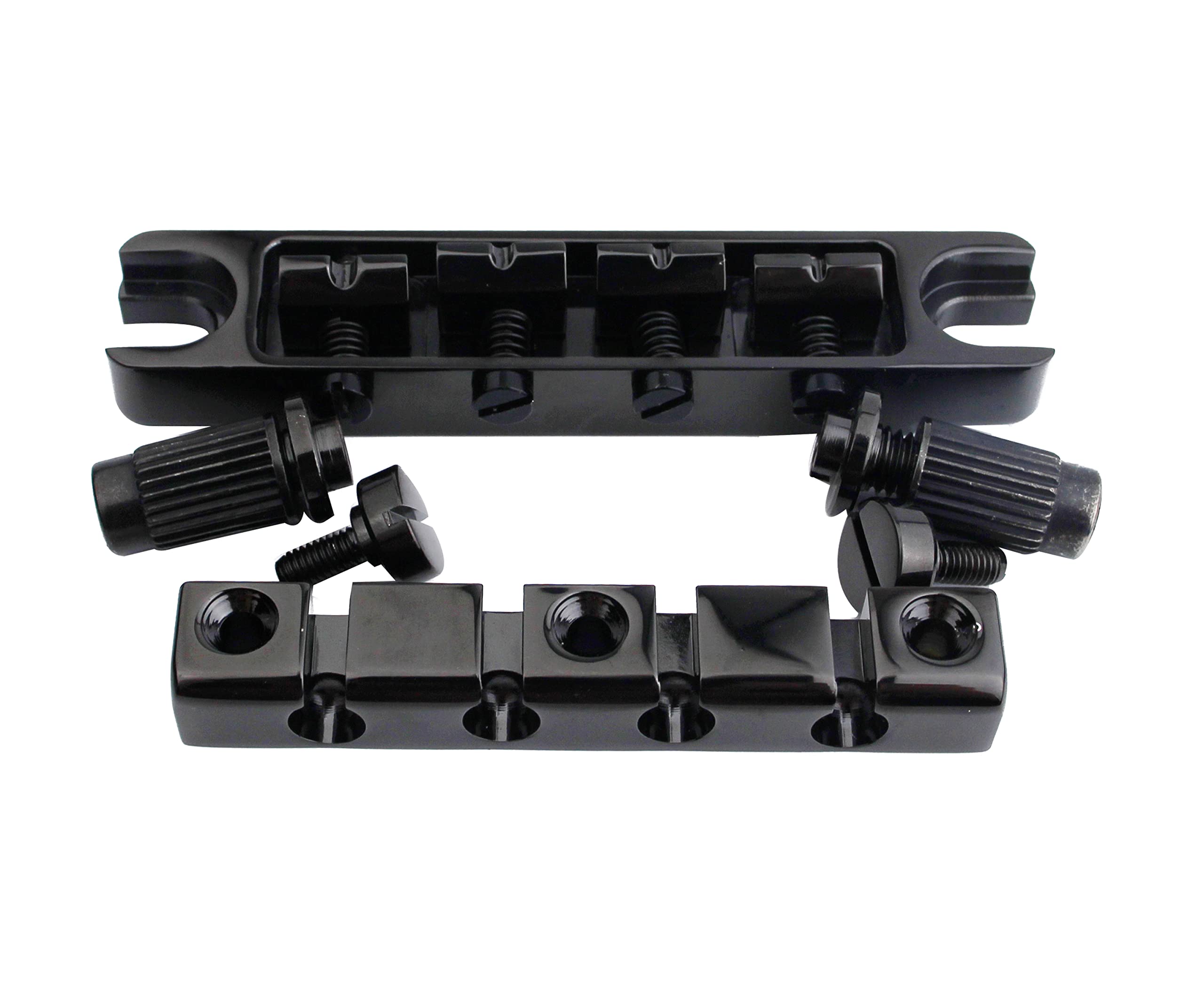 Guyker 4-saitiger High Mass Bass Bridge mit Vintage Steel Stop Bar Saitenhalter CNC-gefräst, schwarz
