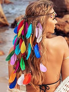 رباط رأس من الريش بنمط بوهيمي من كاكور، أربطة رأس هندية بنمط طاووس، شريط رأس بنمط بوهيمي هيبي قابل للتعديل، اكسسوارات شعر طويلة من الريش للنساء والفتيات (نوع H)