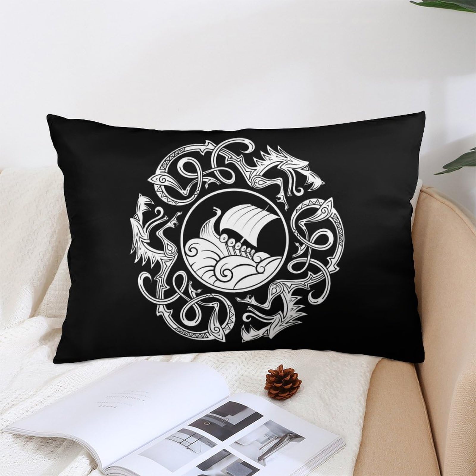 NIBABA Housse De Coussin 66x66 Cm - Motif Scandinave Viking Dragon Ship Valhalla - Double Face - Taie D'oreiller En Polyester Doux Pour Canapé, Lit, Salon