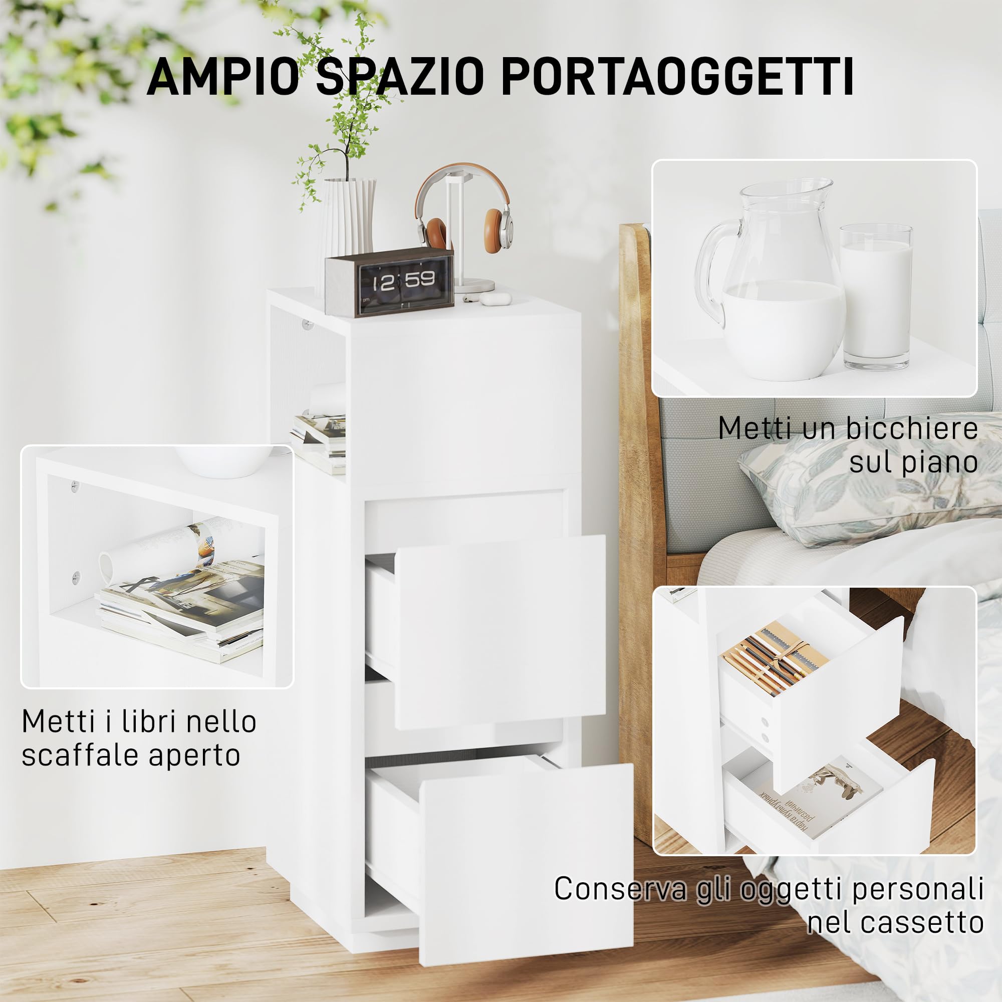 HOMCOM Set di 2 Comodini Camera da Letto Stretti e Alti 25x30x65 cm Bianco | Con 2 Cassetti e Ripiano Aperto, Comodini Moderni Salvaspazio, Tavolini per Divano, Soggiorno, Salotto e Camera