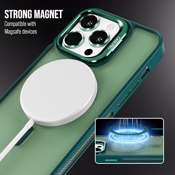 Babilden iPhone 17 için Kılıf Kamera Korumalı Magsafe Wireless Şarj Özellikli Mat Şeffaf Yeşil Renkli Standlı Lens Hediyeli PC Malzeme