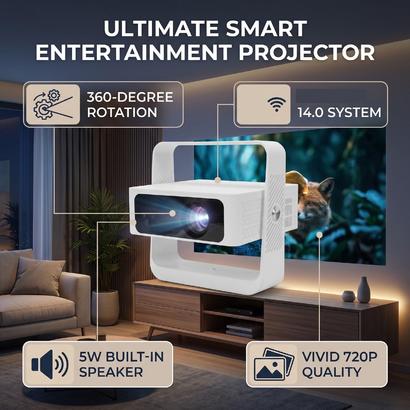 Naroote Inteligentny Projektor 720P z Wi-Fi i Bluetooth (wtyczka UE) | Przenośny Projektor Zewnętrzny z podstawą regulowaną 360°, funkcją Automatycznego Ustawiania Ostrości, 200 ANSI, Android 14.0