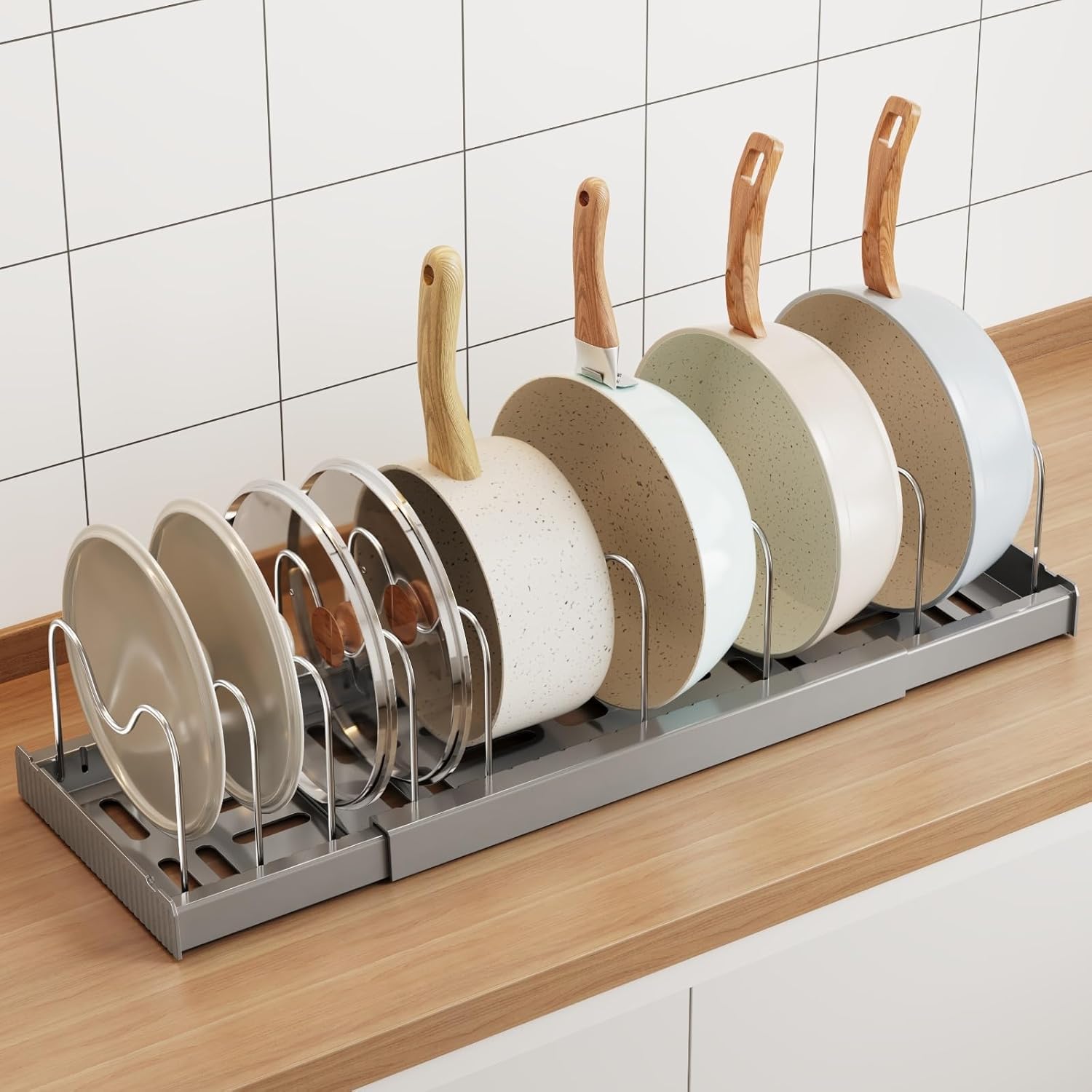 Pan Organizer Rack for Kitchen Pot Holder Expandable Utensils Organiser with 9 Adjustable Dividers Pot and Pan Holder Racks for Cabinet Countertop Gray-image-23