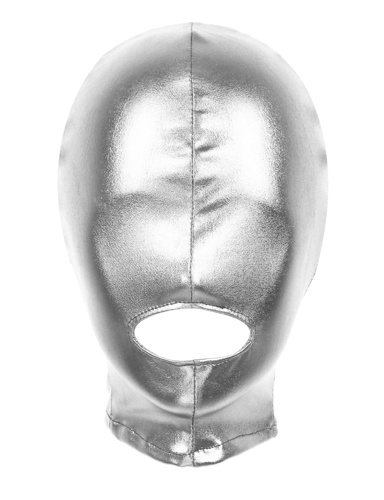 inlzdz Unisex Mens Womens Metallic Open Mouth Headgear Halloween Fancy Shiny Face Mask Costume Wet Look Role Play Cosplay Silver OneSize