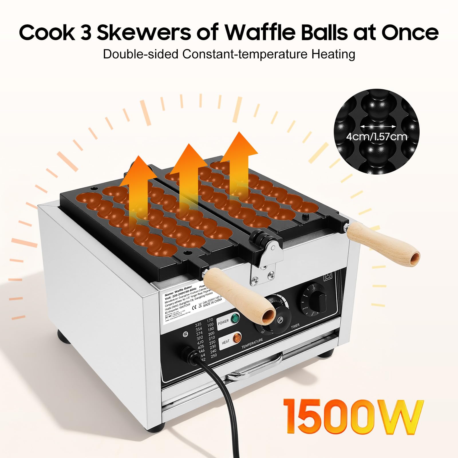 Máquina de gofres profesional de 1500W de acero inoxidable con indicador LED de temperatura ajustable 50-300°C,para la fabricación de panqueques, muffins y gofres