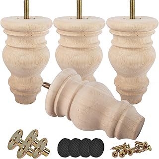 5 inch Unfinished Wooden Bun Feet, Btowin 4Pcs Solid Wood Furniture Legs with Threaded 5/16'' Hanger Bolts & Mounting Plate & Screws for Sofa Couch Chair Ottoman Cabinet