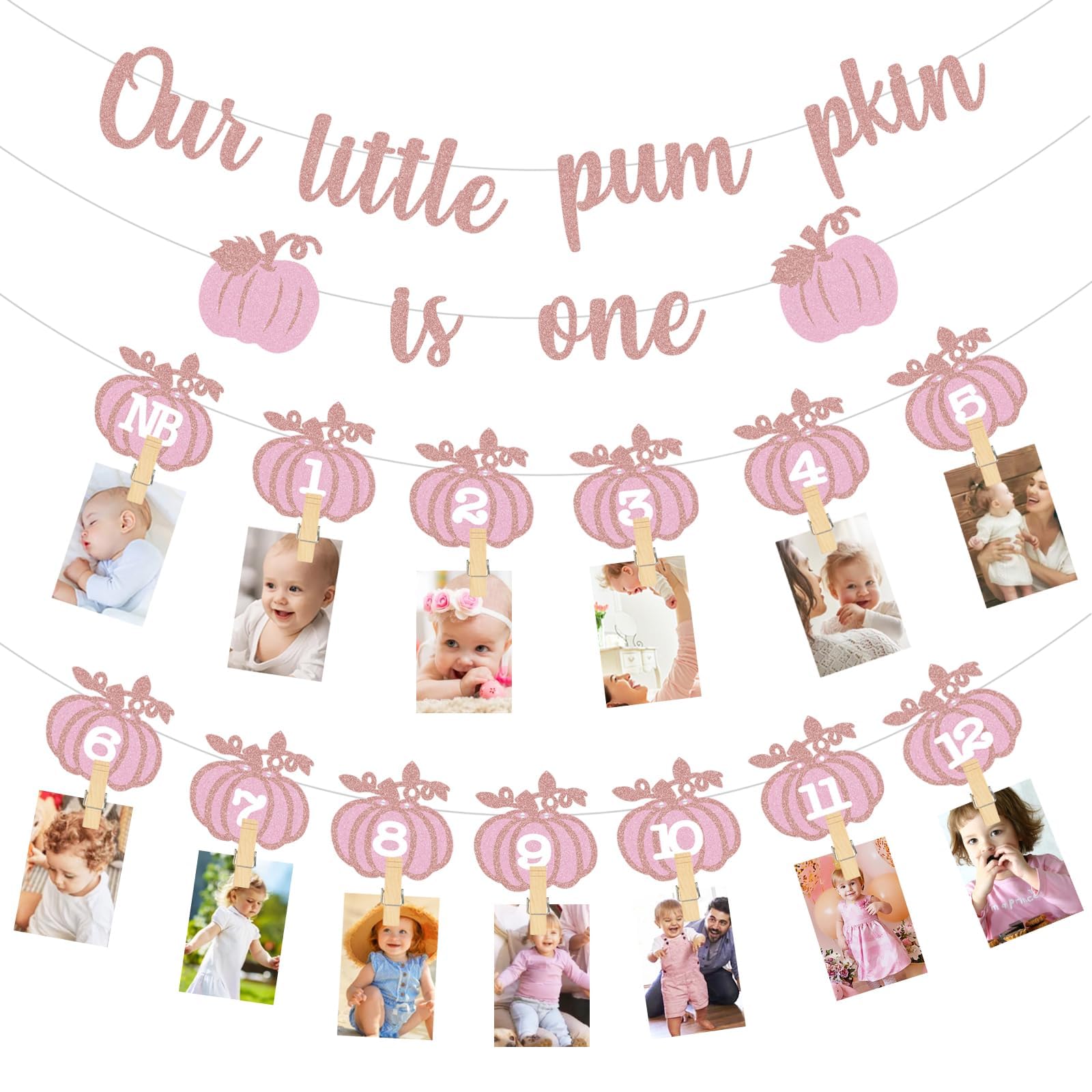 Pink Fall Pumpkin 1st Birthday Photo Banner Pumpkin Birthday Photo Banner for Newborn to 12 Months Milestone Photograph Bunting Garland for Baby Girl 1st Party Supplies — image 1