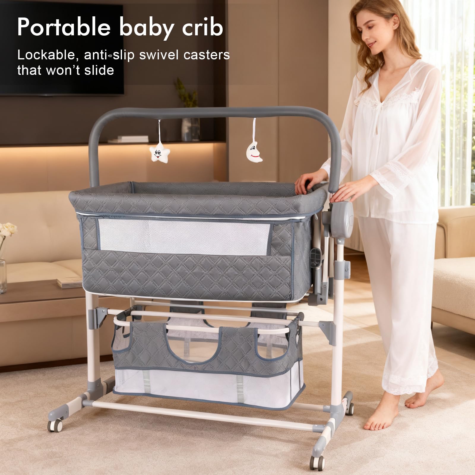 Culla Neonato Elettrica Bluetooth Smart Baby con Musica, Oscillazione parallela, Culla Pieghevole e Convertibile, Lettino per Neonati Regolabile con Telecomando e Ruote (608 Grigio)