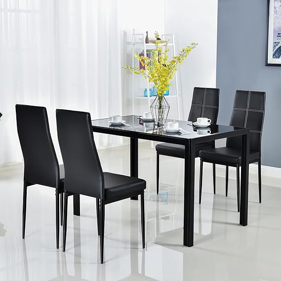 Bonnlo Modern Dining Table Set, 5 Piece Black Glass