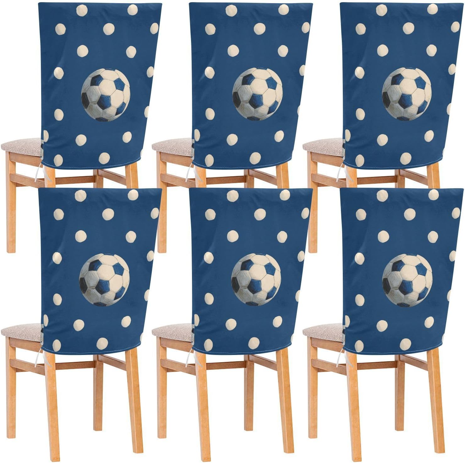 ALAZA Soccer Balls Polka Dots Blue Chair Back Cover Set of 6, Washable Reusable Removable Chair Slipcovers Decorative Chair Cover for Home Kitchen Wedding Party