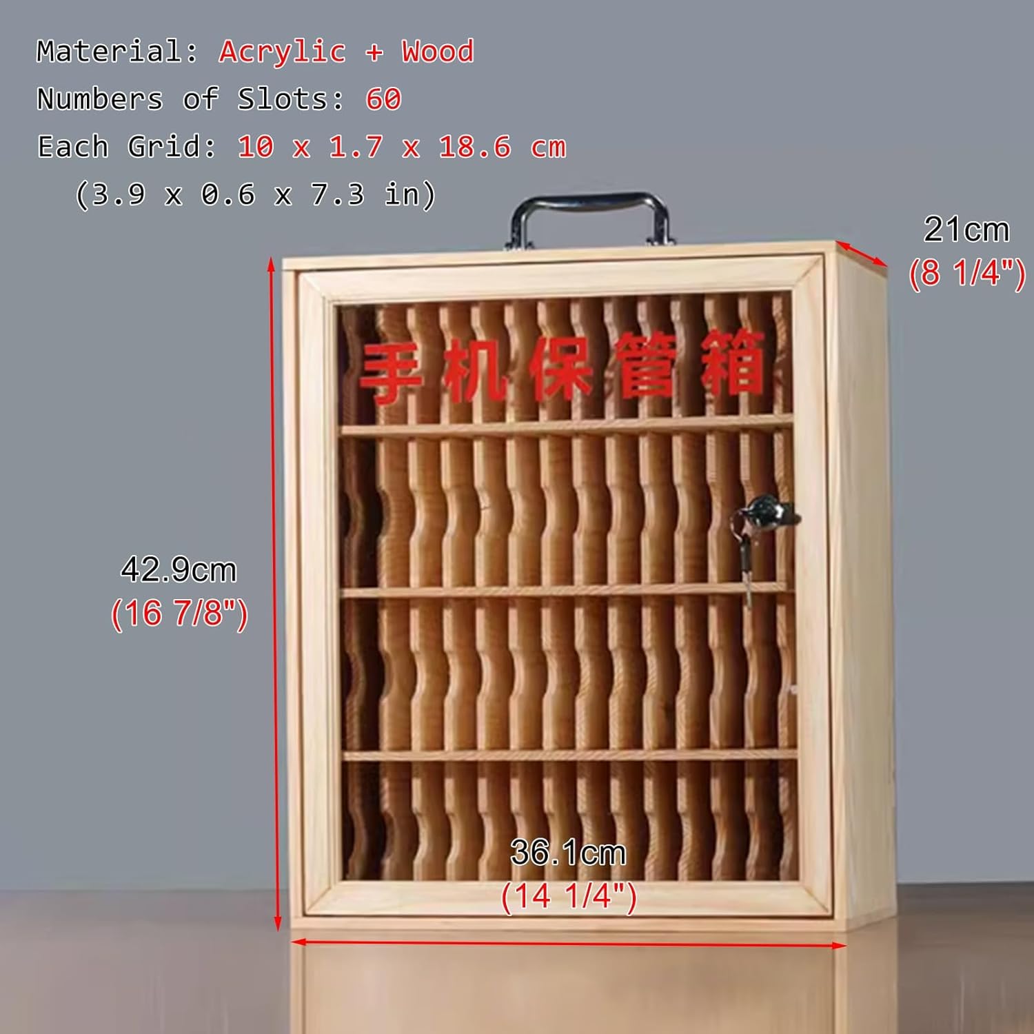 Cell Phone Locker for Employees - Durable 60-Slot Wood Organizer, Portable Hand-Carry Design, Perfect for Conference Rooms and Events, Secure Cell Phone Jail Storage