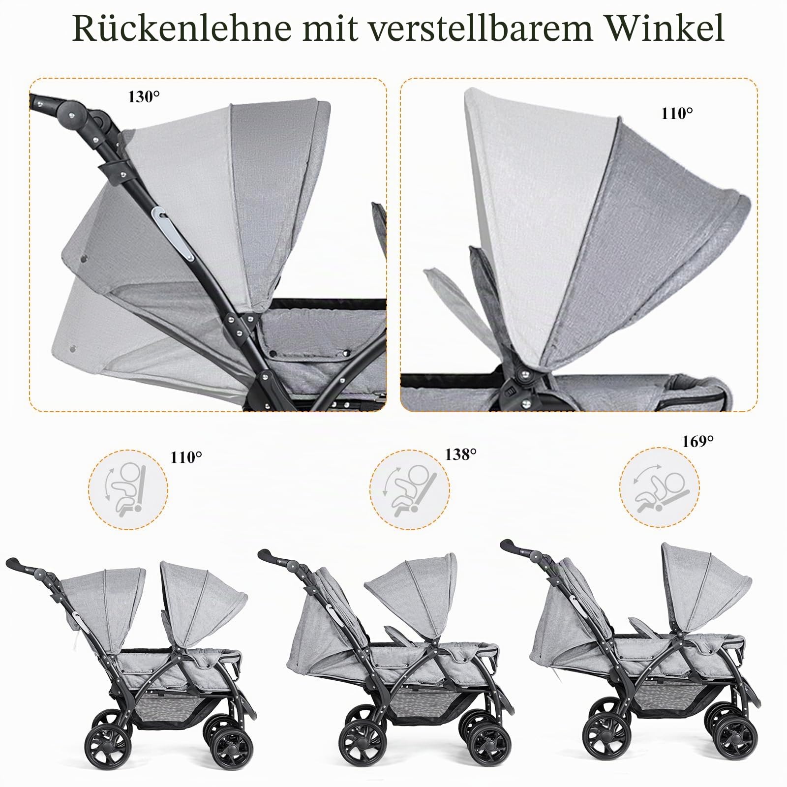 LIFEZEAL Faltbarer Doppelkinderwagen für Zwillinge 2-Sitzer mit verstellbarer Rückenlehne, Bremsen, Belastung 15+15 kg Grau